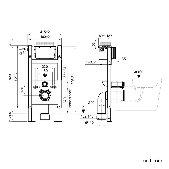 Idaho Pneumatic Compact Top & Front Wall Hung Toilet Frame and Concealed Cistern with Matt Black Flush Plate - Square Buttons