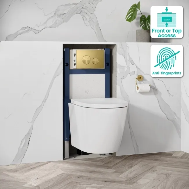 Idaho Pneumatic Top & Front Compact Wall Hung Toilet Frame and Concealed Cistern with Brushed Brass Flush Plate - Round Buttons