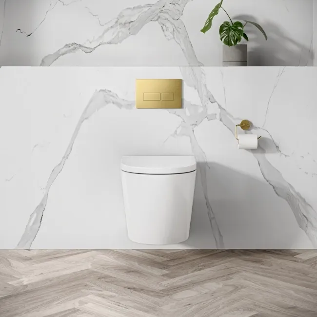 Idaho Pneumatic Top & Front Compact Wall Hung Toilet Frame and Concealed Cistern with Brushed Brass Flush Plate - Square Buttons