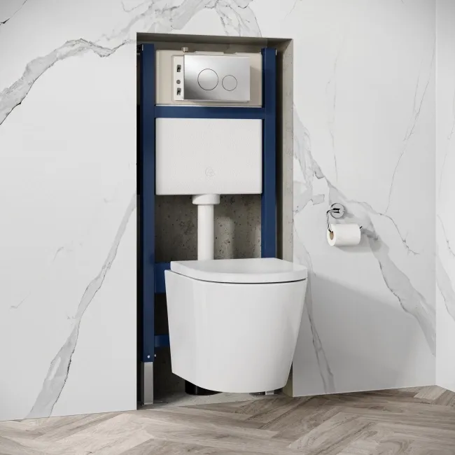 Idaho Pneumatic Wall Hung Toilet Frame and Concealed Cistern with Chrome Flush Plate - Round Buttons