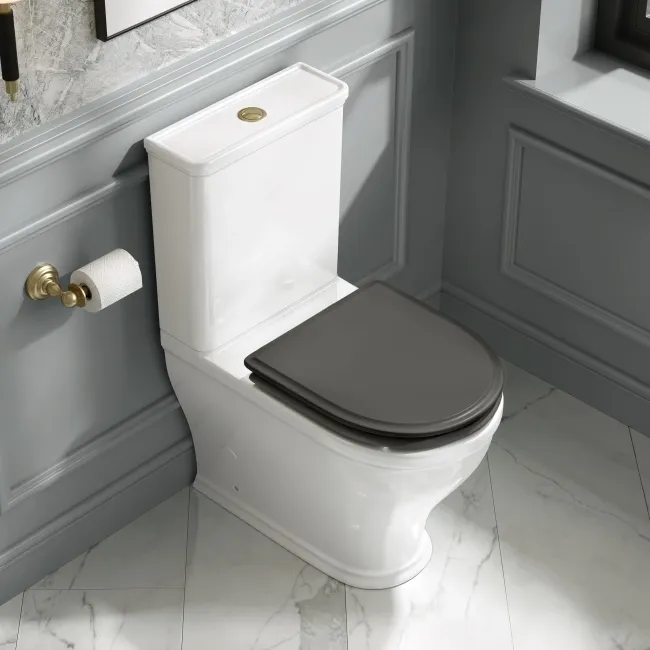 Kansas Traditional Rimless Close Coupled Toilet With Graphite Grey Wooden Seat - Brushed Brass Hinges