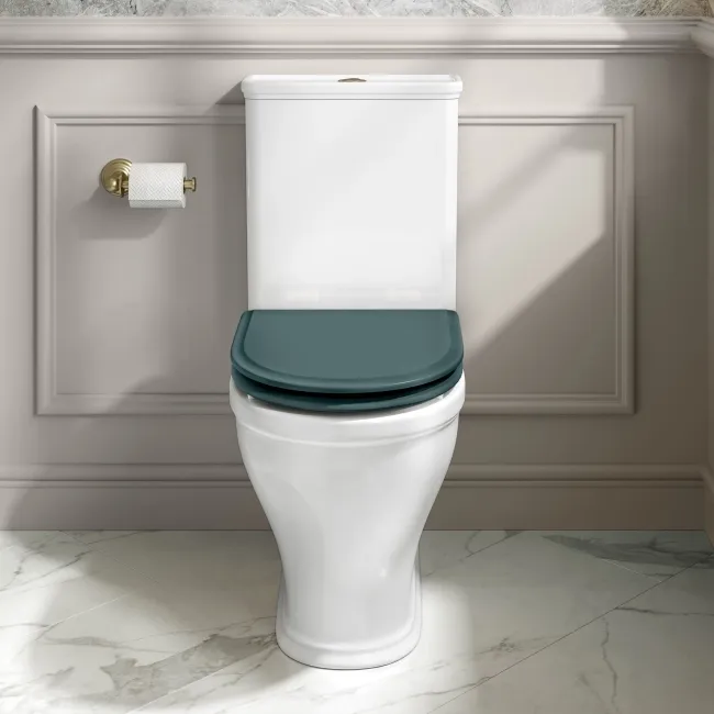 Kansas Traditional Rimless Close Coupled Toilet With Midnight Green Wooden Seat - Brushed Brass Hinges
