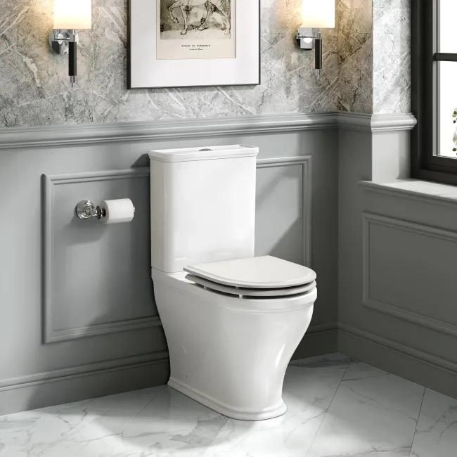 Kansas Traditional Rimless Close Coupled Toilet With Cotton White Wooden Seat