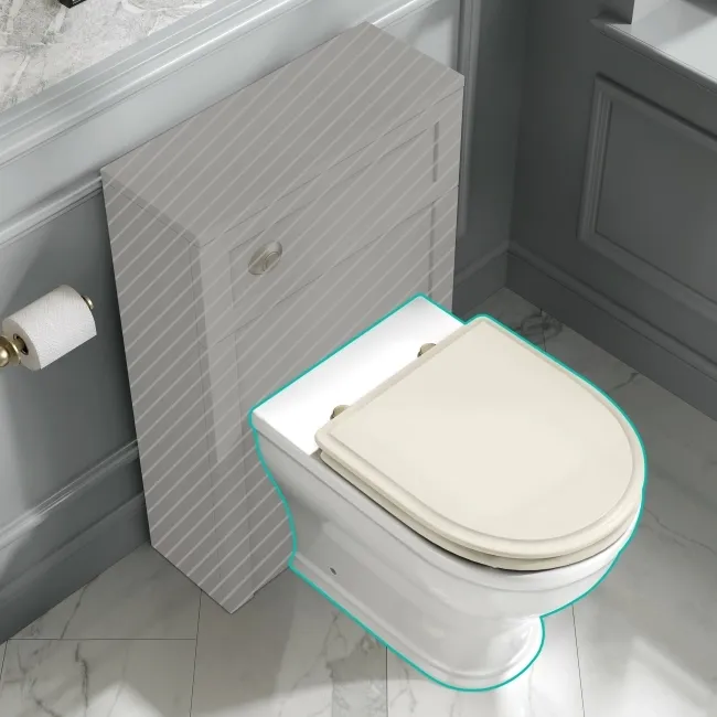 Kansas Traditional Rimless Back To Wall Toilet With Chalk White Wooden Seat - Brushed Brass Hinges