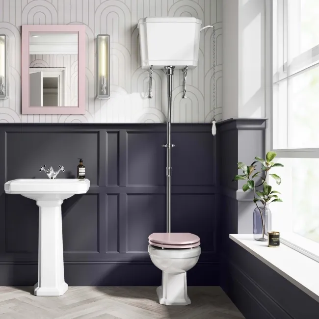 Hudson Traditional High-Level Toilet With Cashmere Pink Seat & Pedestal Basin - Single Tap Hole