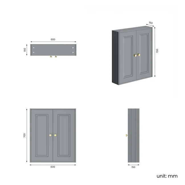 Dove Grey Wall Hung Cabinet 700x600mm - Brushed Brass Accents