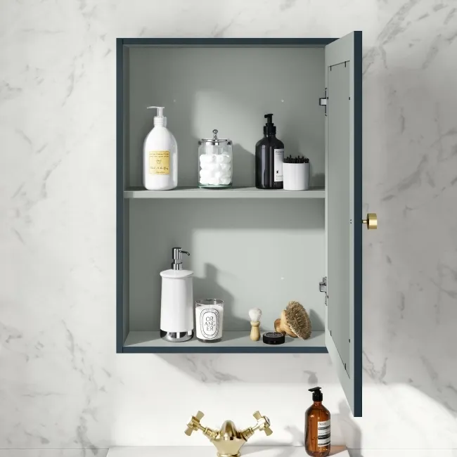 Inky Blue Mirror Cabinet 700x500mm - Brushed Brass Accents