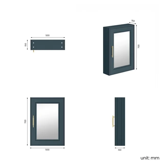 Inky Blue Mirror Cabinet 700x500mm - Brass Knurled Handles
