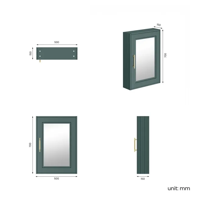 Midnight Green Mirror Cabinet 700x500mm - Brass Knurled Handles