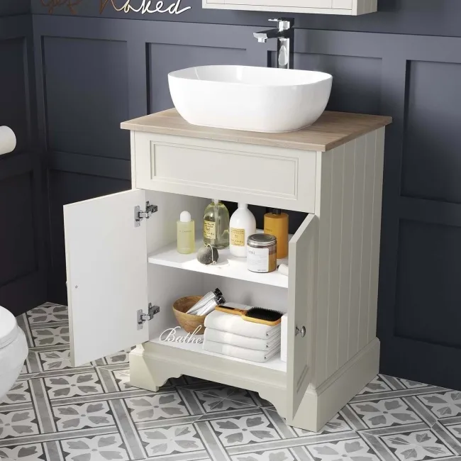 Lucia Chalk White Vanity With Oak Effect Top & Curved Counter Top Basin 640mm