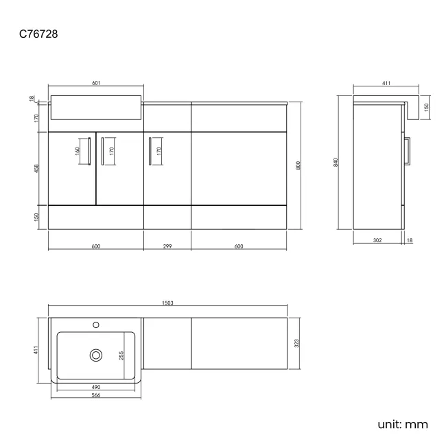 Harper Stone Grey Combination Vanity Basin 1500mm (Excludes Pan + Cistern)