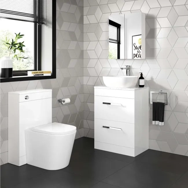 Avon Gloss White Vanity Drawer with Marble Top & Curved Counter Top Basin 600mm