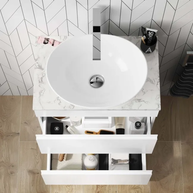 Trent Gloss White Vanity Drawer with Marble Top & Oval Counter Top Basin 600mm