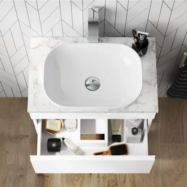 Trent Gloss White Wall Hung Drawer Vanity with Marble Top & Curved Counter Top Basin 600mm