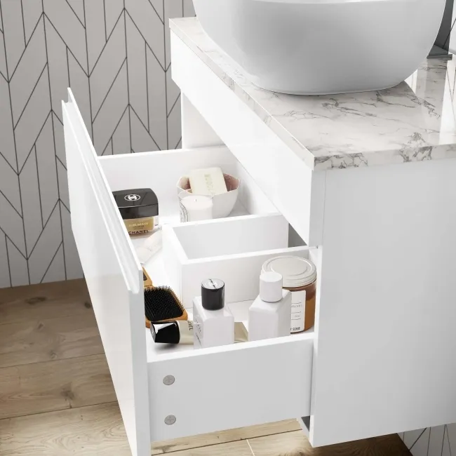 Trent Gloss White Wall Hung Drawer Vanity with Marble Top & Curved Counter Top Basin 800mm