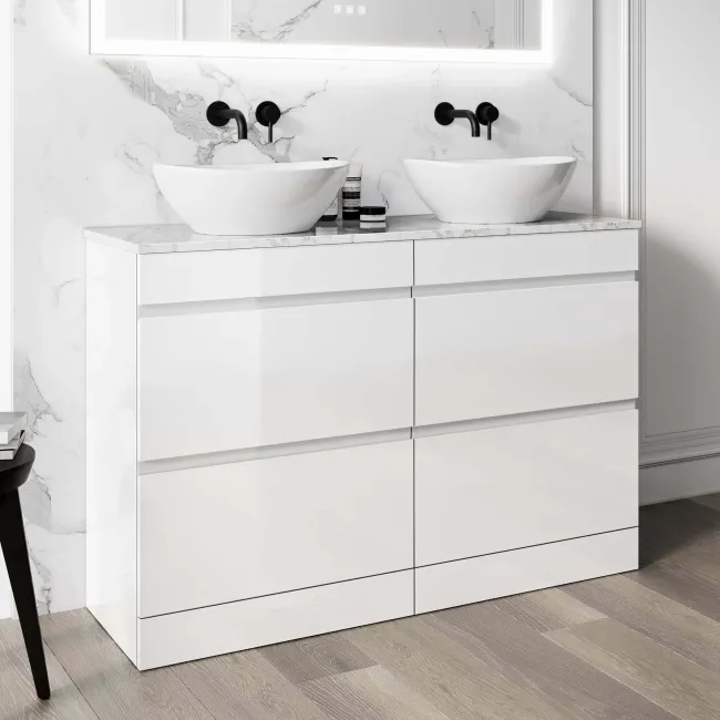 Trent Gloss White Double Vanity Drawer with Marble Top & Oval Counter Top Basin 1200mm