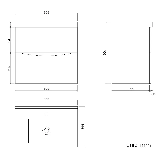Austin Gloss White Wall Hung Basin Drawer Vanity 600mm