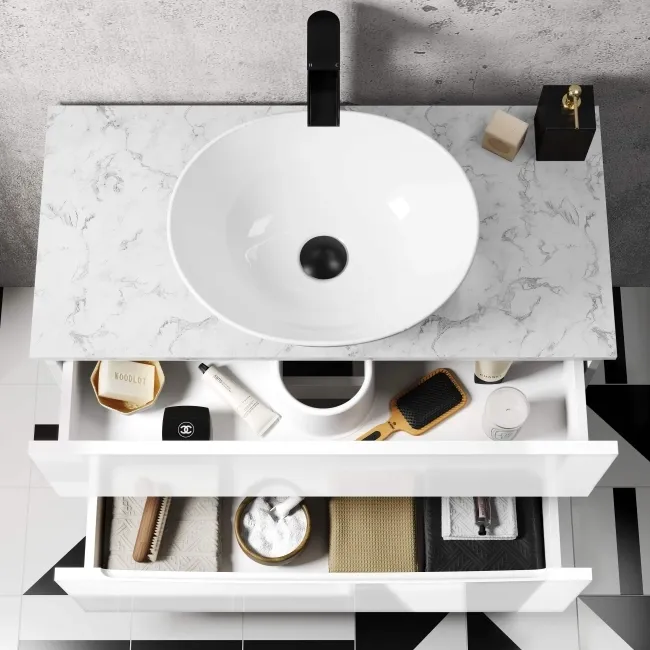 Austin Gloss White Wall Hung Drawer Vanity with Marble Top & Oval Counter Top Basin 800mm