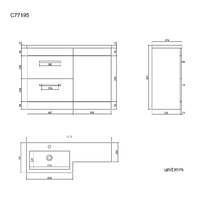 Avon Stone Grey Basin Vanity Drawer and Back To Wall Unit 1100mm - Left Handed