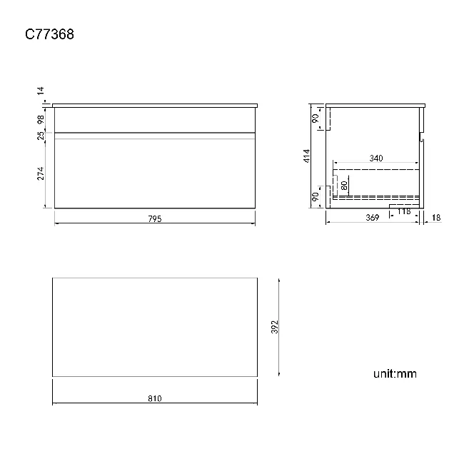 Trent Stone Grey Wall Hung Drawer with Marble Top 800mm - Excludes Counter Top Basin