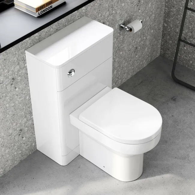 Curved Gloss White Slimline Back To Wall Unit and Denver Toilet