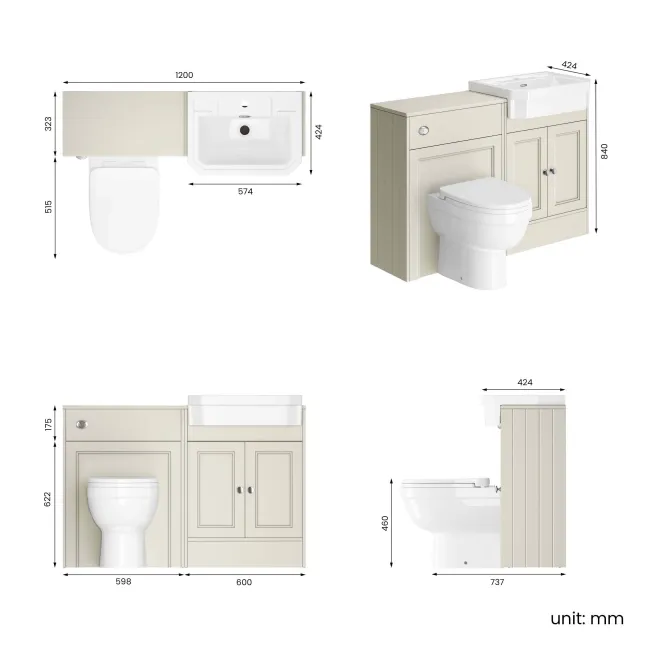 Monaco Chalk White Combination Vanity Traditional Basin and Seattle Toilet 1200mm