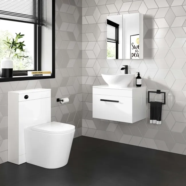 Avon Gloss White Wall Hung Drawer Vanity with Oval Counter Top Basin 600mm - Black Accents