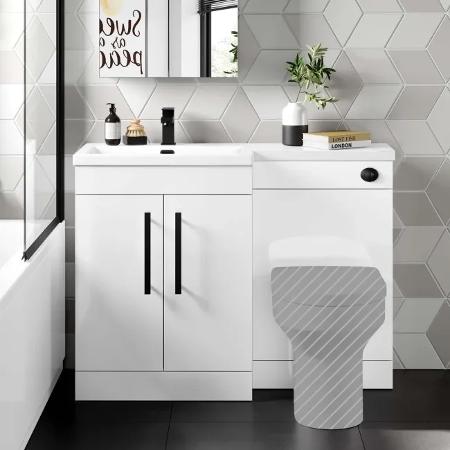 Avon Gloss White Basin Vanity and Back To Wall Unit 1100mm - Black Accents - Left Handed