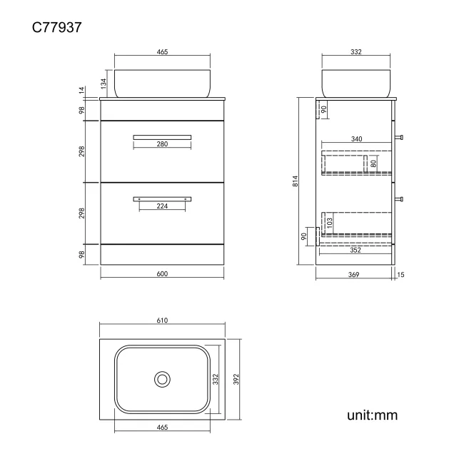 Avon Stone Grey Vanity Drawer with Marble Top & Curved Counter Top Basin 600mm - Black Accents