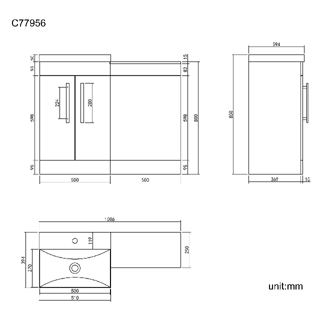 Avon Stone Grey Basin Vanity and Back To Wall Unit 1000mm - Black Accents