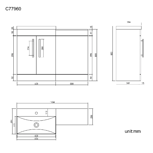 Avon Stone Grey Basin Vanity and Back To Wall Unit 1100mm - Black Accents