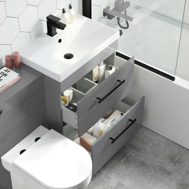 Avon Stone Grey Combination Basin Drawer and Miami Toilet 1100mm - Black Accents