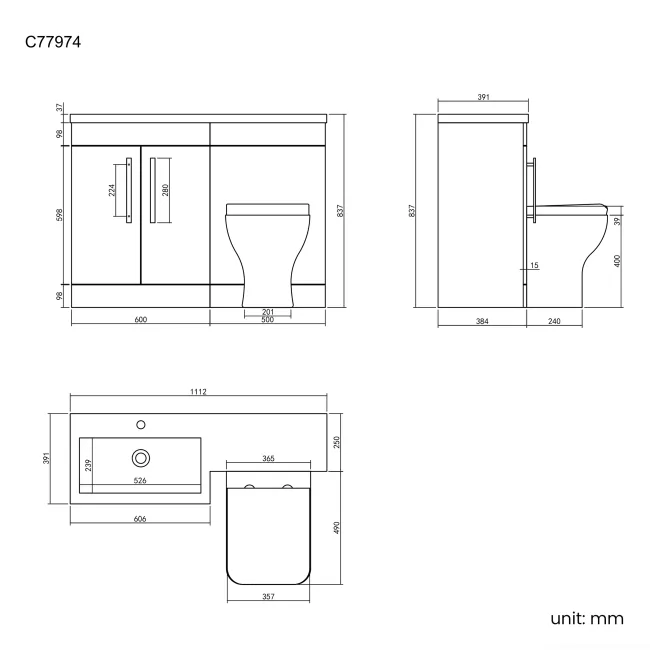 Avon Stone Grey Combination Vanity Basin and Atlanta Toilet 1100mm - Black Accents - Left Handed