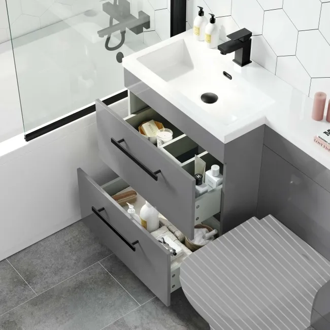 Avon Stone Grey Basin Vanity Drawer and Back To Wall Unit 1100mm - Black Accents - Left Handed