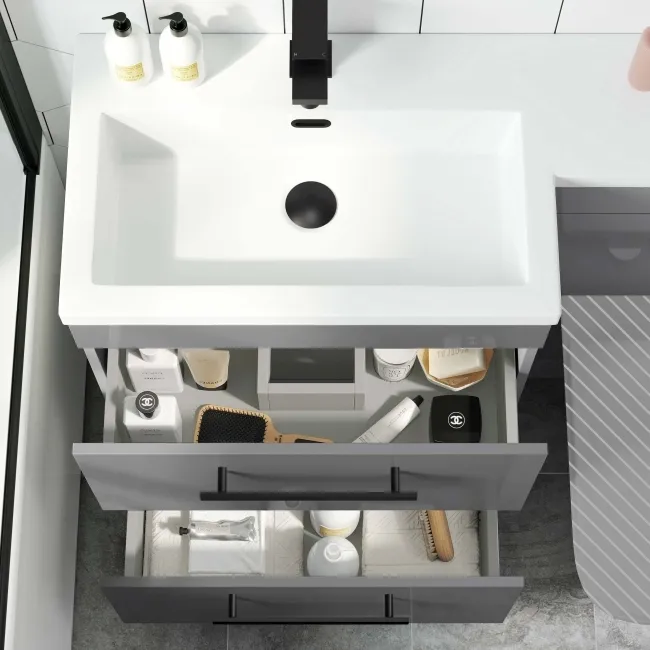 Avon Stone Grey Basin Vanity Drawer and Back To Wall Unit 1100mm - Black Accents - Left Handed