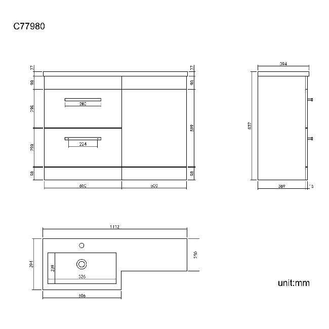 Avon Stone Grey Basin Vanity Drawer and Back To Wall Unit 1100mm - Black Accents - Left Handed