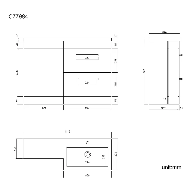 Avon Stone Grey Basin Vanity Drawer and Back To Wall Unit 1100mm - Black Accents - Right Handed