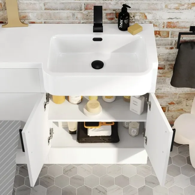 Harper Gloss White Basin Vanity and Back To Wall Toilet Unit 1200mm - Black Accents - Right Handed