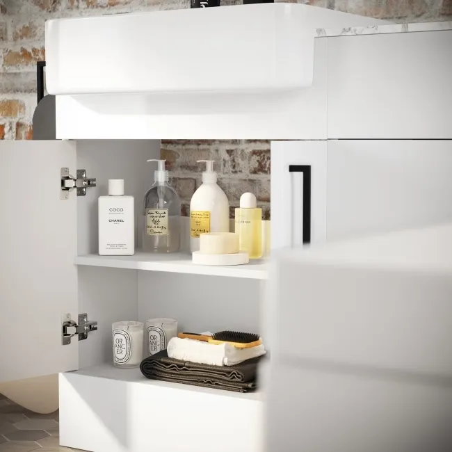 Harper Gloss White Basin Vanity with Marble Top & Back To Wall Unit 1200mm - Black Accents