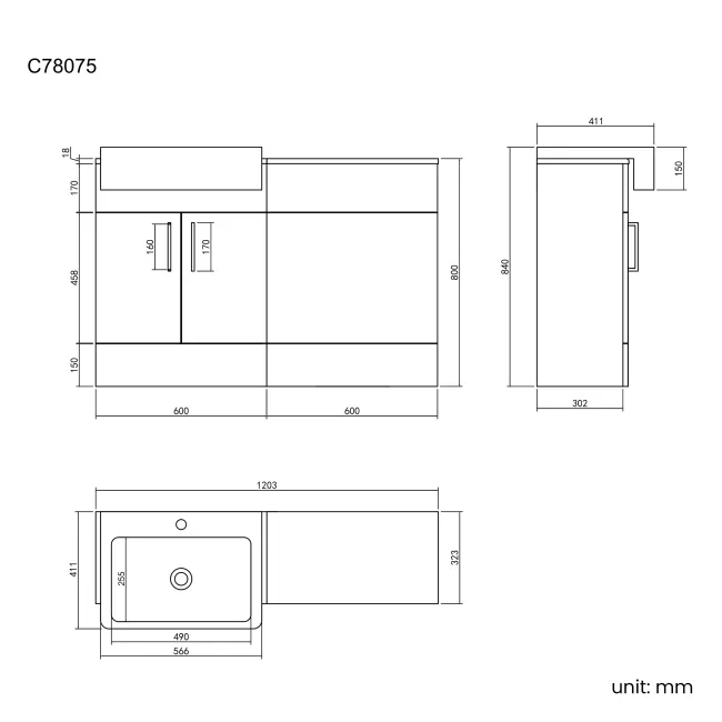 Harper Stone Grey Basin Vanity and Back To Wall Toilet Unit 1200mm - Black Accents