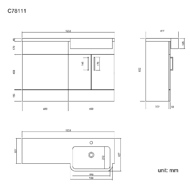 Harper Charcoal Elm Basin Vanity and Back To Wall Toilet Unit 1200mm - Black Accents - Right Handed
