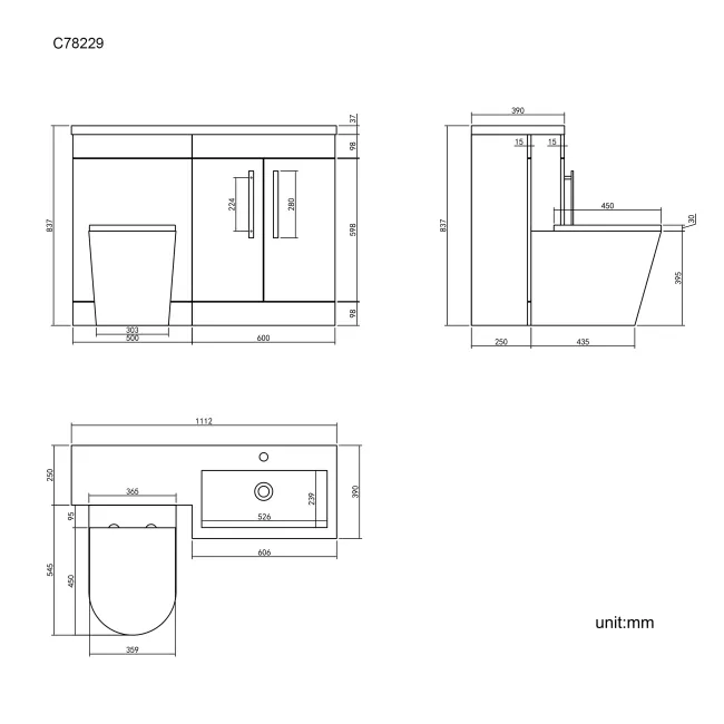 Avon Gloss White Combination Vanity Basin and Boston Toilet 1100mm - Black Accents - Right Handed