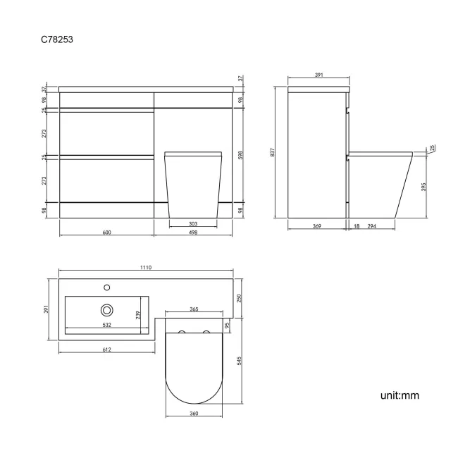 Trent Gloss White Combination Basin Drawer and Boston Toilet 1100mm - Left Handed