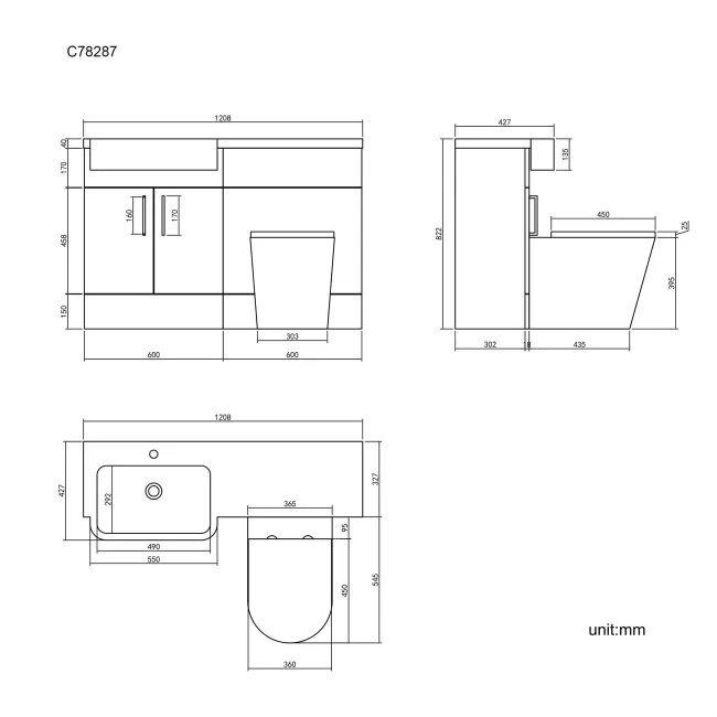 Harper Charcoal Elm Combination Vanity Basin and Boston Toilet 1200mm - Left Handed