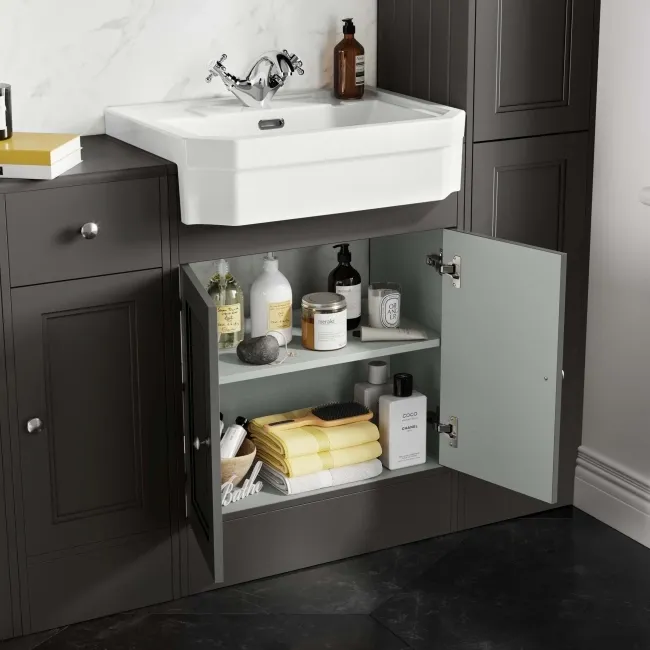 Monaco Graphite Grey Combination Vanity Traditional Basin and Hudson Toilet with Wooden Seat 1500mm