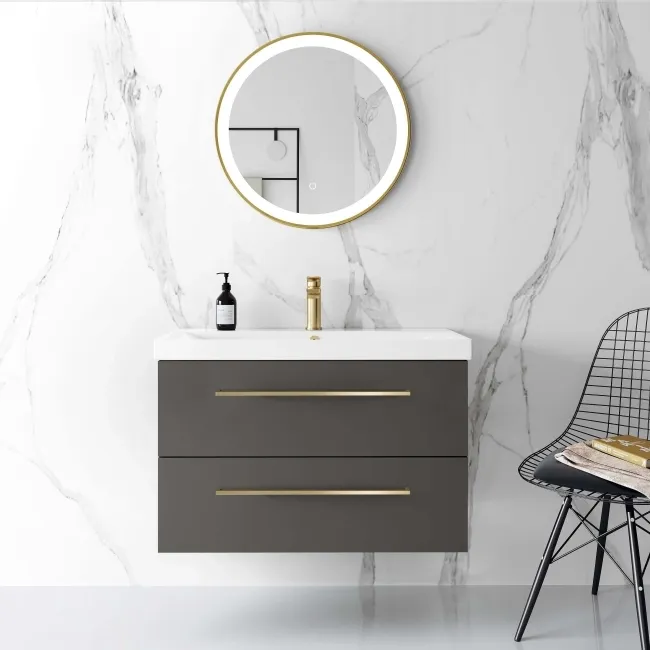 Elba Graphite Grey Wall Hung Basin Drawer Vanity 800mm - Brushed Brass Accents