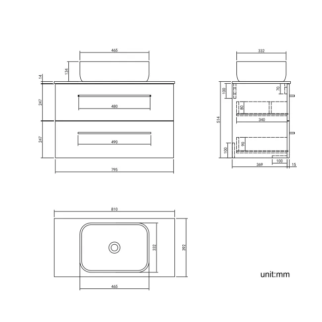 Elba Graphite Grey Wall Hung Drawer Vanity with Marble Top & Curved Counter Top Basin 800mm - Brushed Brass Accents