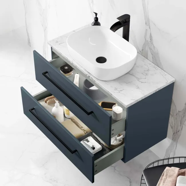 Elba Inky Blue Wall Hung Drawer Vanity with Marble Top & Curved Counter Top Basin 800mm - Black Accents