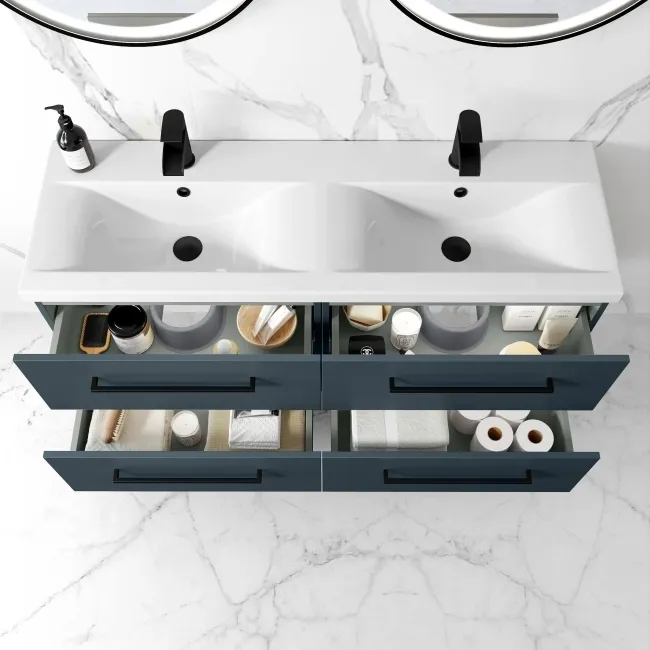 Elba Inky Blue Wall Hung Double Basin Drawer Vanity 1200mm - Black Accents