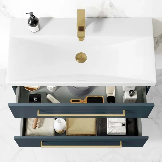 Elba Inky Blue Wall Hung Basin Drawer Vanity 800mm - Brushed Brass Accents